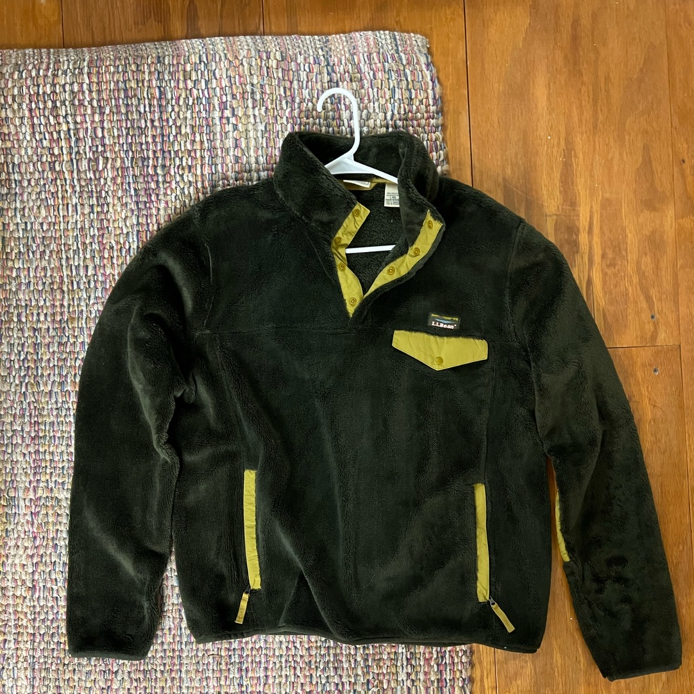 L.L.Bean Olive Green Fleece Pullover Jacket w/ Lime Zippers | Unisex Large